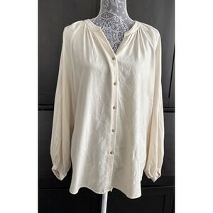 Uniqlo Women's Xl Button Up Cotton Blend Ivory Raglan Balloon Sleeve Blouse